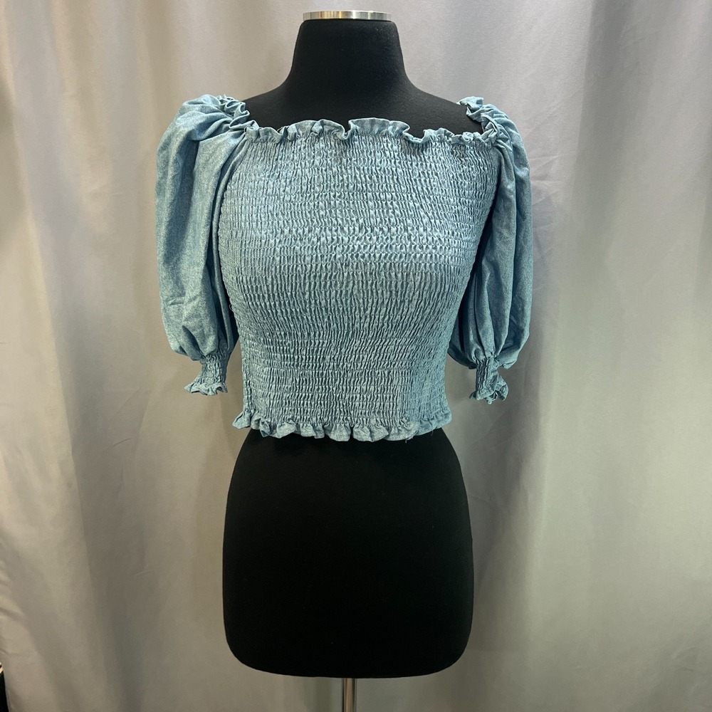 Boohoo Smocked Waist Crop Top Women 2 Slate Blue Cotton Puff Sleeves Square Neck